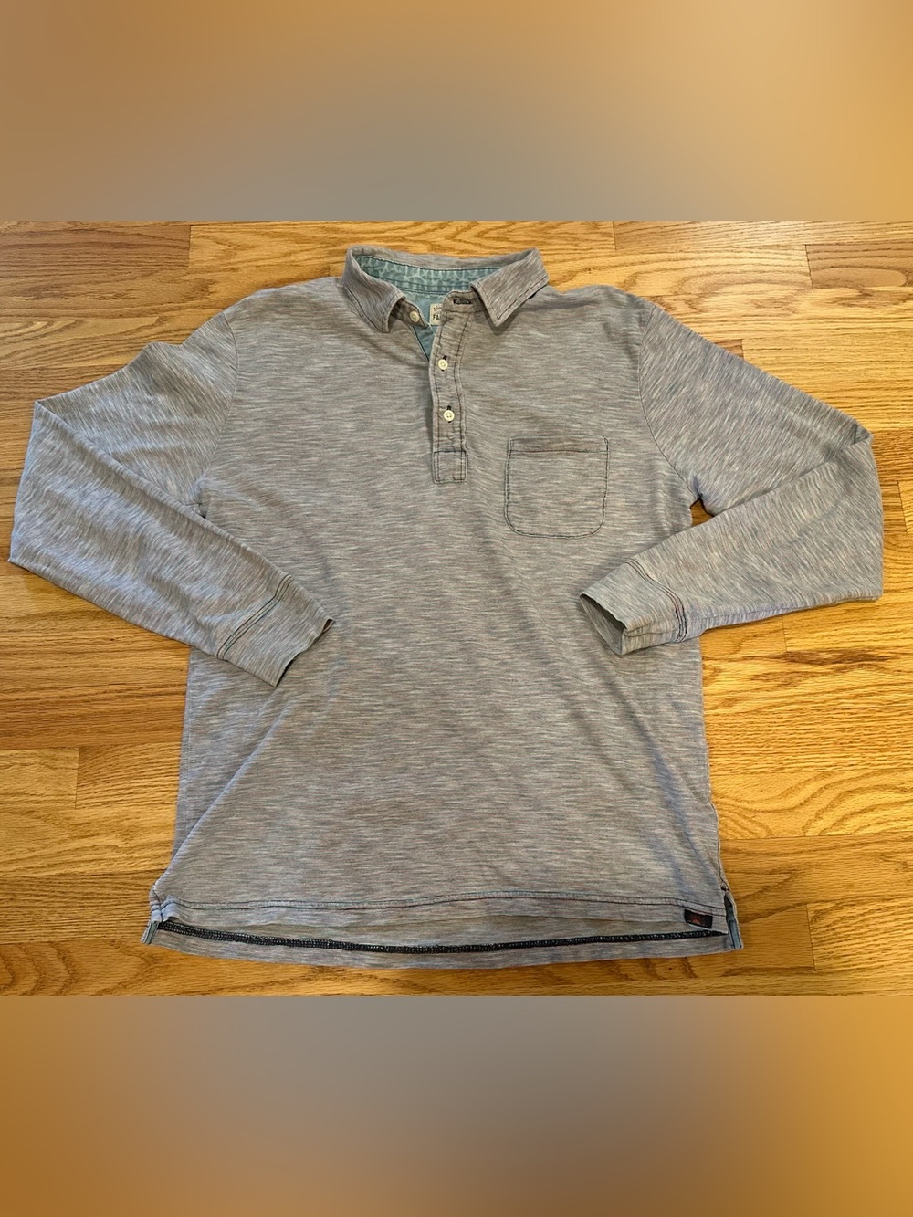 Faherty Brand Men’s Medium Gray Striped Long Sleeve Polo Shirt Pocket Casual Tee